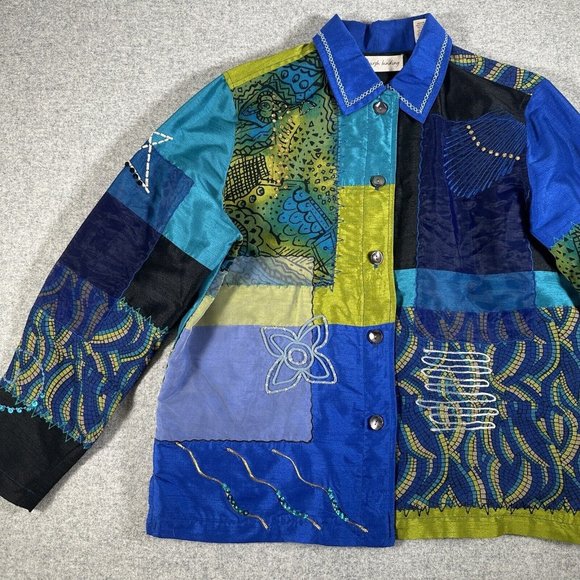 Marsh Landing Jacket Womens Medium Floral Embroidered Applique Patch Button up - Picture 3 of 15